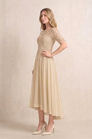 Champagne Illusion Neck A-Line Chiffon Lace Midi Mother of the Bride Dress with Half Sleeves (3) | KISSBRIDAL