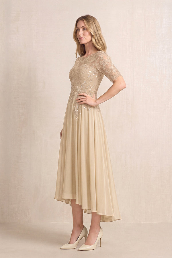 Champagne Illusion Neck A-Line Chiffon Lace Midi Mother of the Bride Dress with Half Sleeves (3) | KISSBRIDAL