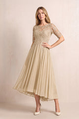 Champagne Illusion Neck A-Line Chiffon Lace Midi Mother of the Bride Dress with Half Sleeves | KISSBRIDAL