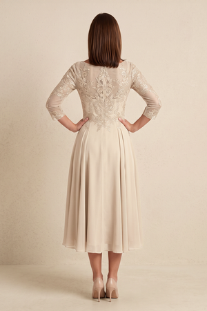 Champagne Illusion Neck A-Line Embroidered Mother of the Bride Dress (2) | KISSBRIDAL