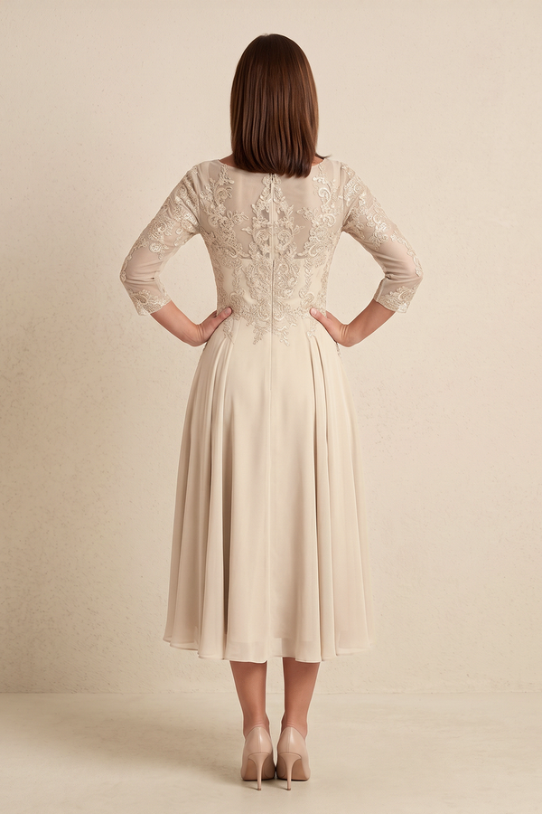 Champagne Illusion Neck A-Line Embroidered Mother of the Bride Dress (2) | KISSBRIDAL