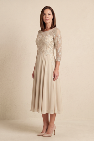 Champagne Illusion Neck A-Line Embroidered Mother of the Bride Dress (3) | KISSBRIDAL