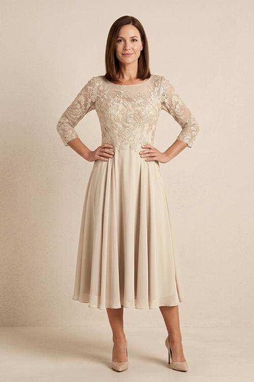 Champagne Illusion Neck A-Line Embroidered Mother of the Bride Dress | KISSBRIDAL