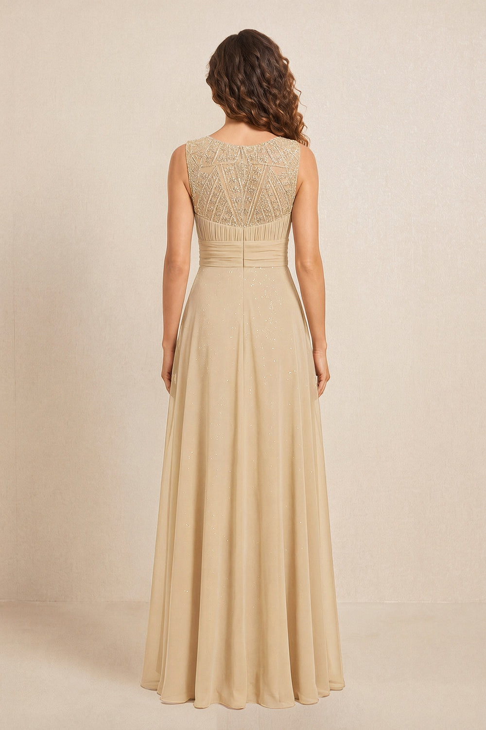 Champagne Illusion Neck A-Line Satin Embroidered Pleated Mother of the Bride Dress