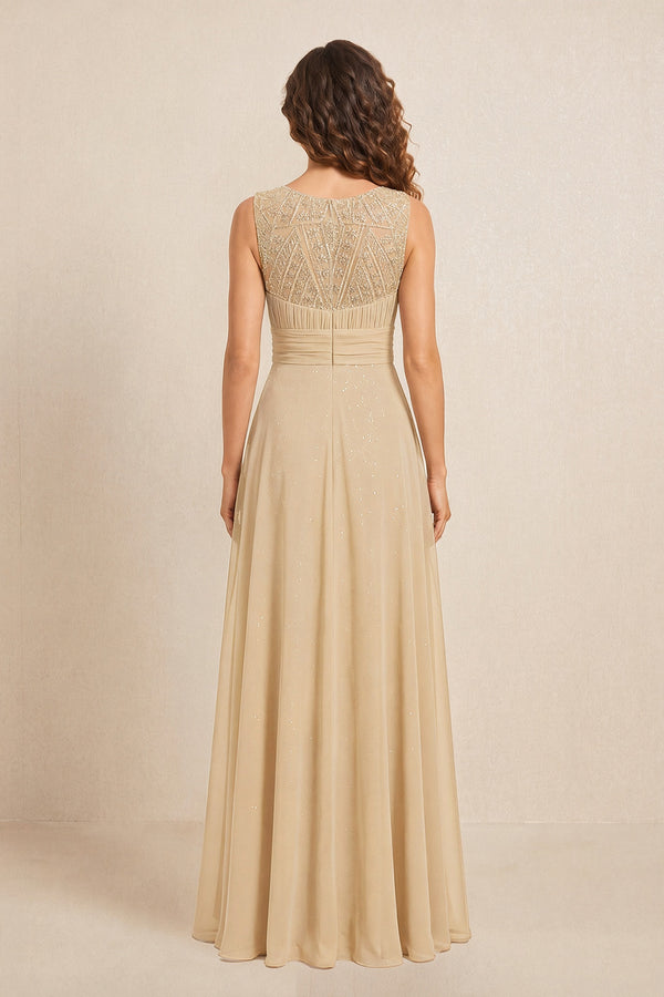 Champagne Illusion Neck A-Line Satin Embroidered Pleated Mother of the Bride Dress (2) | KISSBRIDAL