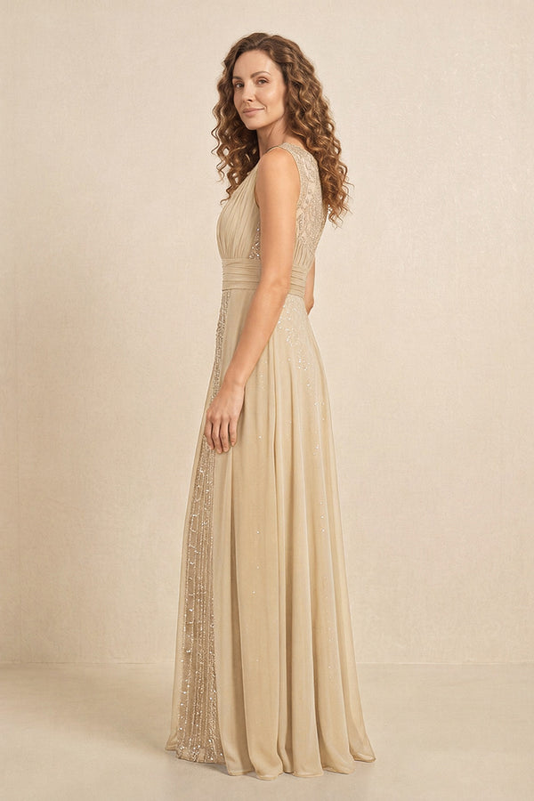 Champagne Illusion Neck A-Line Satin Embroidered Pleated Mother of the Bride Dress (3) | KISSBRIDAL