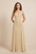 Champagne Illusion Neck A-Line Satin Embroidered Pleated Mother of the Bride Dress | KISSBRIDAL