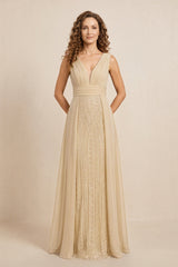 Champagne Illusion Neck A-Line Satin Embroidered Pleated Mother of the Bride Dress | KISSBRIDAL