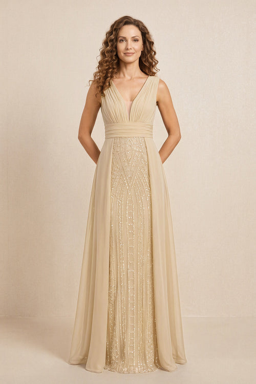 Champagne Illusion Neck A-Line Satin Embroidered Pleated Mother of the Bride Dress | KISSBRIDAL