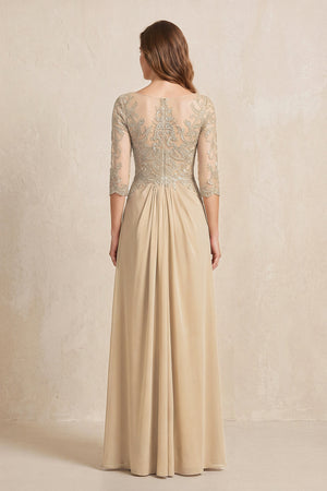Champagne Illusion Neck Sheath Embroidered Chiffon Mother of the Bride Dress with Half Sleeves (2) | KISSBRIDAL