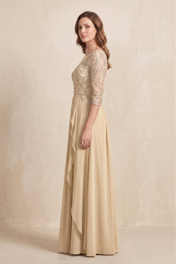 Champagne Illusion Neck Sheath Embroidered Chiffon Mother of the Bride Dress with Half Sleeves (3) | KISSBRIDAL