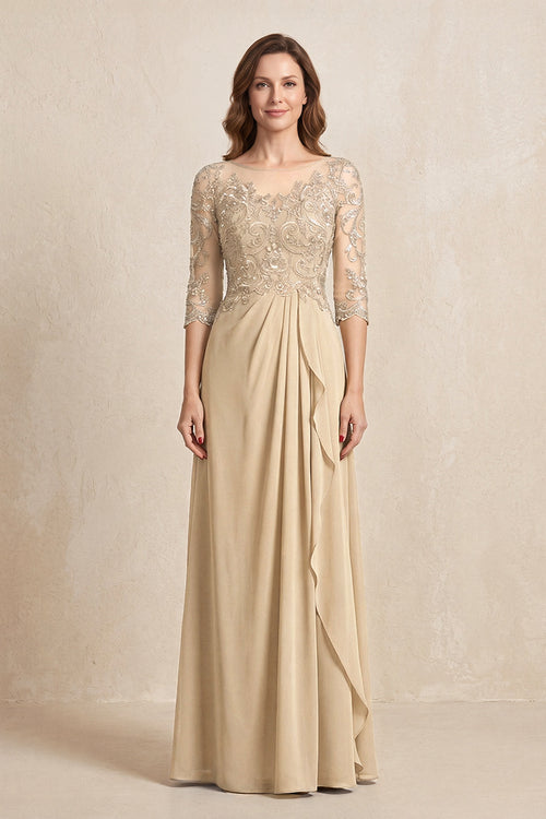 Champagne Illusion Neck Sheath Embroidered Chiffon Mother of the Bride Dress with Half Sleeves | KISSBRIDAL