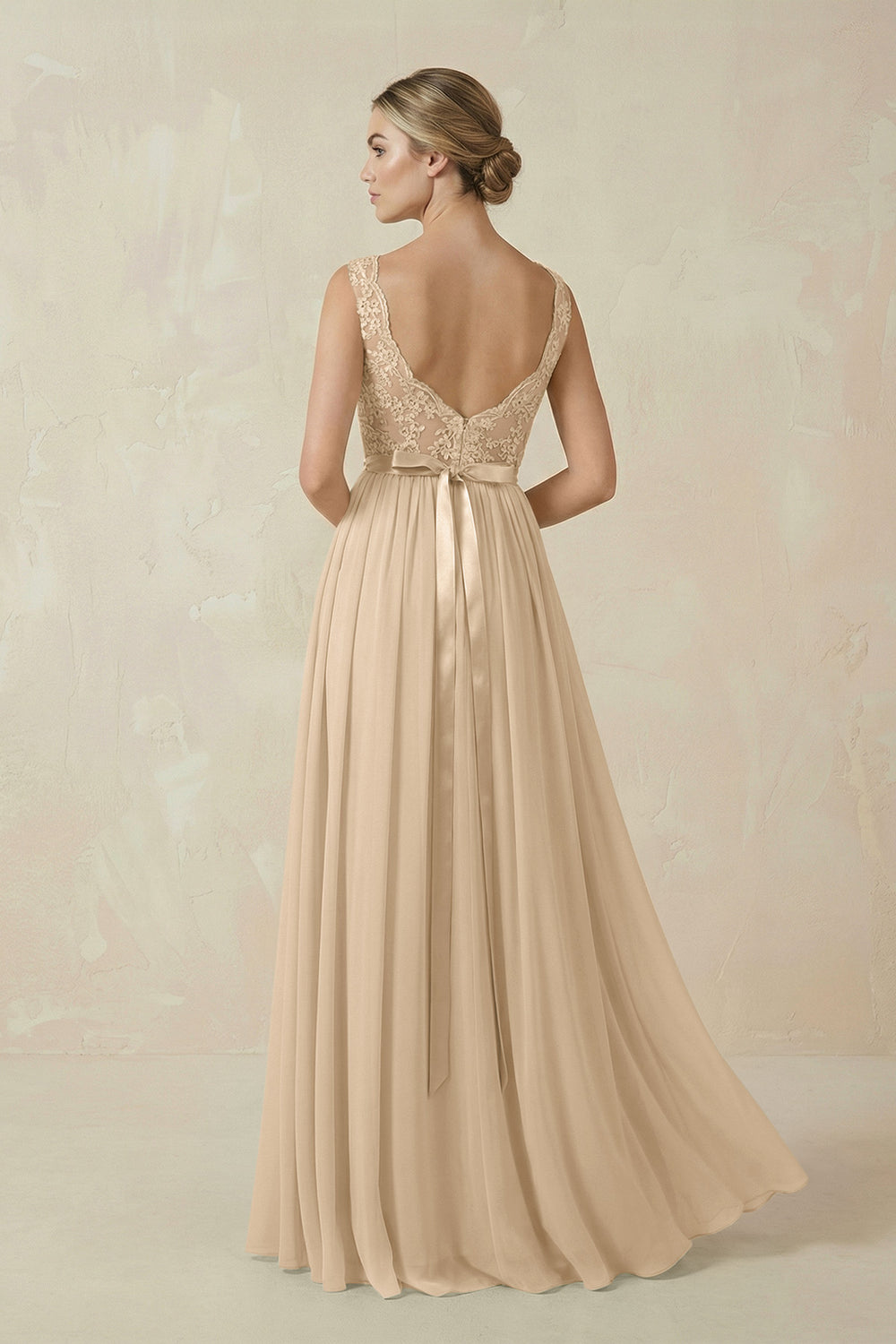 Lace A-Line Bateau Neck Chiffon Long Bridesmaid Dress in Champagne