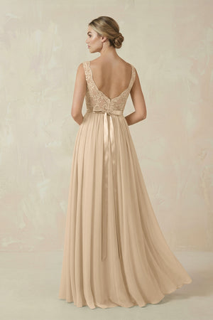 Champagne Lace A-Line Bateau Neck Chiffon Long Bridesmaid Dress (2) | KISSBRIDAL