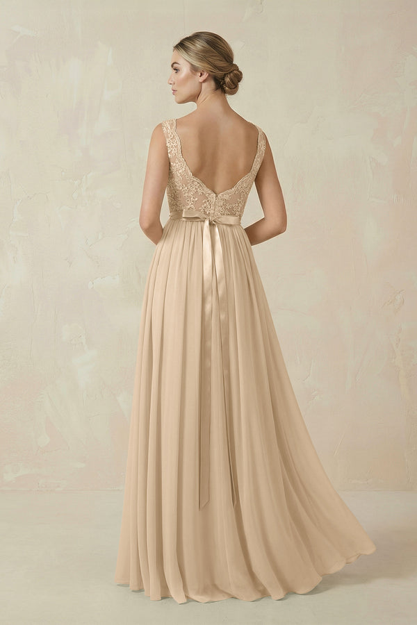 Champagne Lace A-Line Bateau Neck Chiffon Long Bridesmaid Dress (2) | KISSBRIDAL