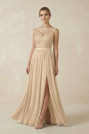 Champagne Lace A-Line Bateau Neck Chiffon Long Bridesmaid Dress | KISSBRIDAL