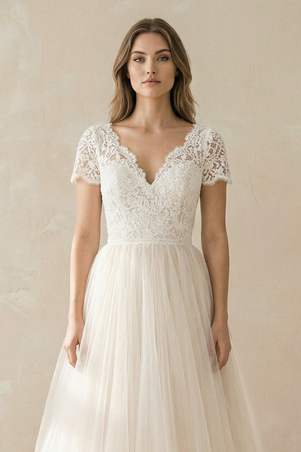 Champagne Lace Cap Sleeve A - Line Wedding Dress - SHE IS ME Wedding Dresses
