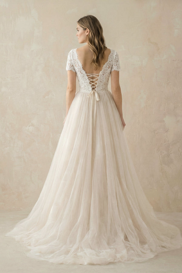Champagne Lace Cap Sleeve A - Line Wedding Dress - SHE IS ME Wedding Dresses