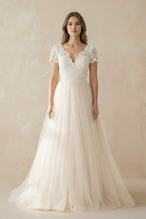 Champagne Lace Cap Sleeve A - Line Wedding Dress - SHE IS ME Wedding Dresses