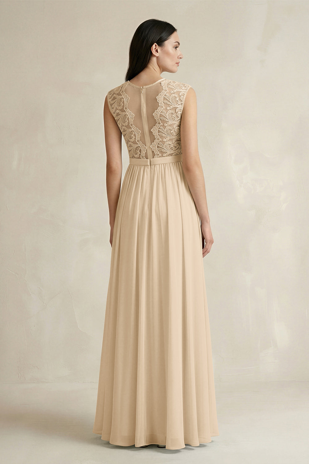 Lace Chiffon A-Line Round Neck Bridesmaid Dress in Champagne