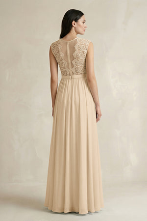 Champagne Lace Chiffon A-Line Round Neck Bridesmaid Dress (2) | KISSBRIDAL