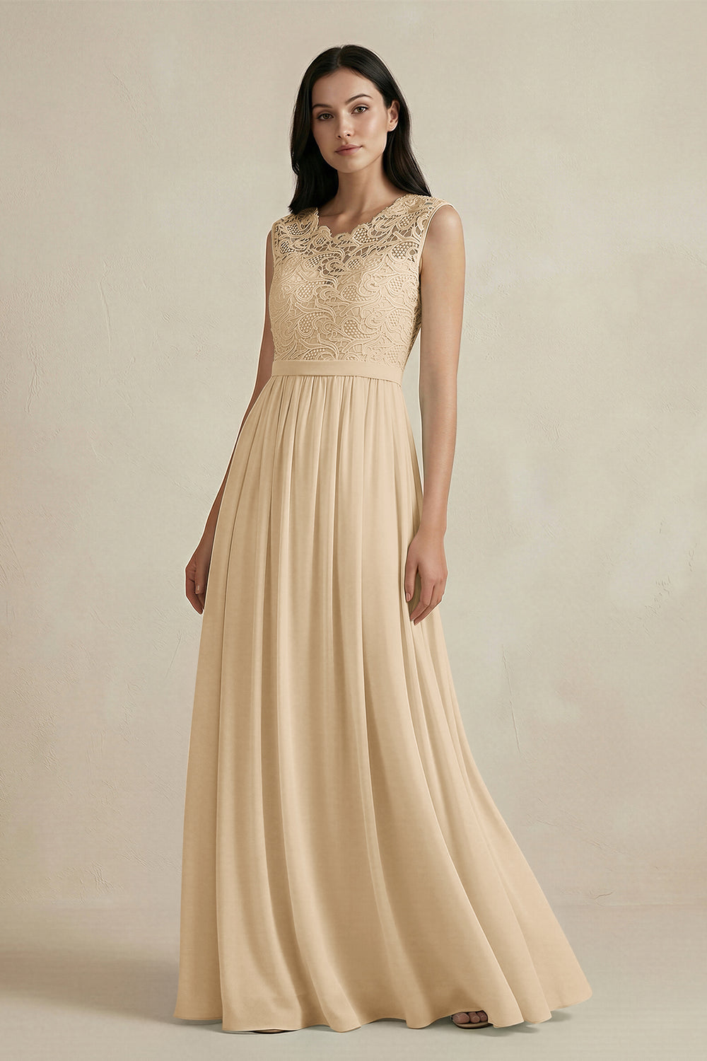 Lace Chiffon A-Line Round Neck Bridesmaid Dress in Champagne