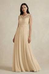 Champagne Lace Chiffon A-Line Round Neck Bridesmaid Dress | KISSBRIDAL