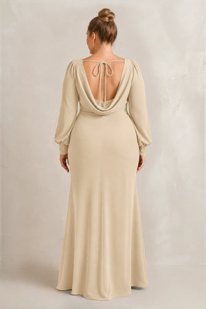 Champagne Long Sleeve V-Neck Sheath Chiffon Bridesmaid Dress (2) [sizeplus] | KISSBRIDAL