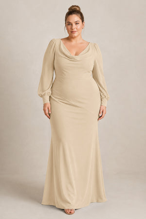 Champagne Long Sleeve V-Neck Sheath Chiffon Bridesmaid Dress [sizeplus] | KISSBRIDAL