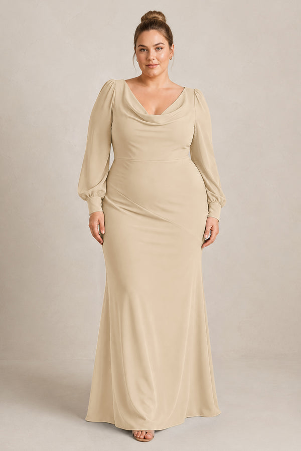 Champagne Long Sleeve V-Neck Sheath Chiffon Bridesmaid Dress [sizeplus] | KISSBRIDAL