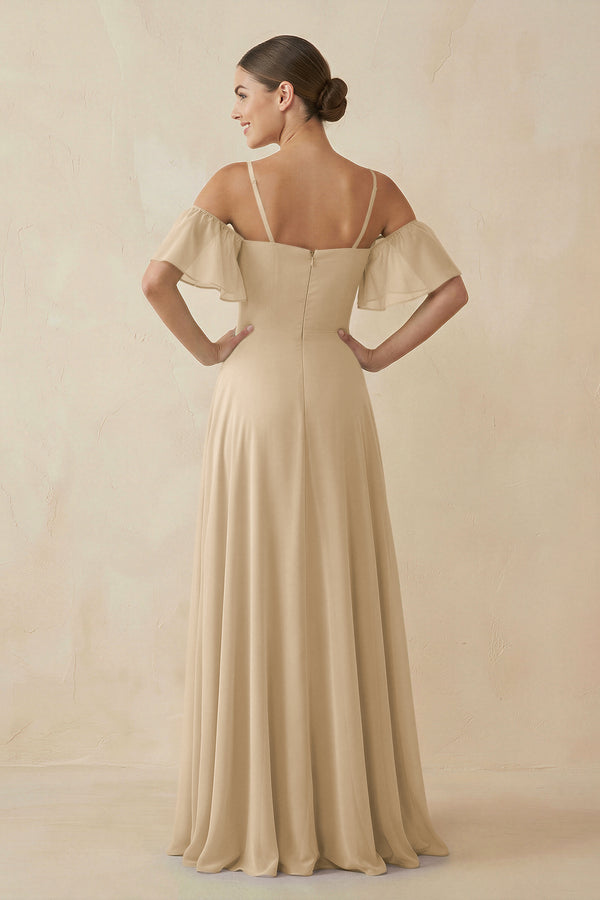 Champagne Off-the-Shoulder A-Line Chiffon Bridesmaid Dress (2) | KISSBRIDAL