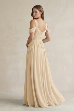 Champagne Off-the-Shoulder A-Line Chiffon Bridesmaid Dress With Slit (2) | KISSBRIDAL
