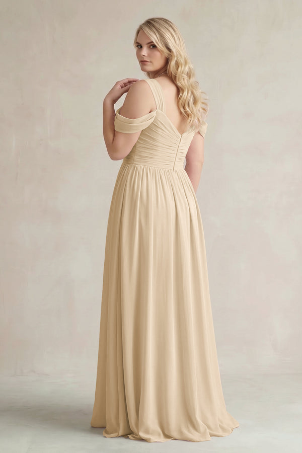 Champagne Off-the-Shoulder A-Line Chiffon Bridesmaid Dress With Slit (2) | KISSBRIDAL