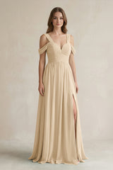 Champagne Off-the-Shoulder A-Line Chiffon Bridesmaid Dress With Slit | KISSBRIDAL