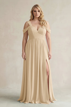 Champagne Off-the-Shoulder A-Line Chiffon Bridesmaid Dress With Slit | KISSBRIDAL