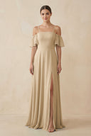 Champagne Off-the-Shoulder A-Line Chiffon Bridesmaid Dress | KISSBRIDAL
