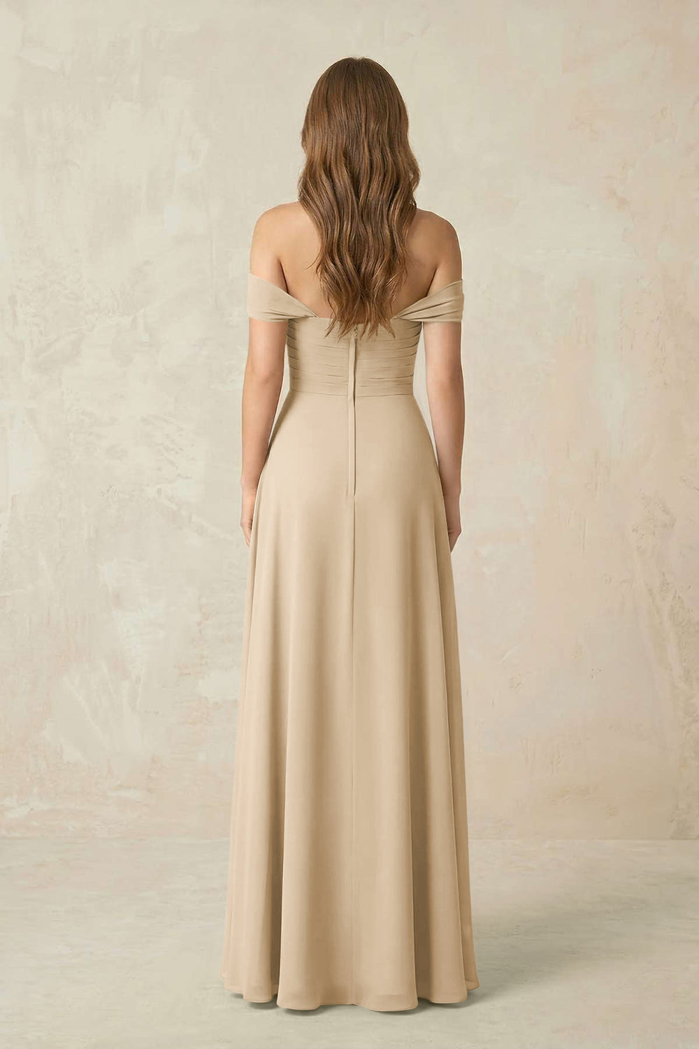 Off-the-Shoulder A-Line Chiffon Pleated Bridesmaid Dress in Champagne