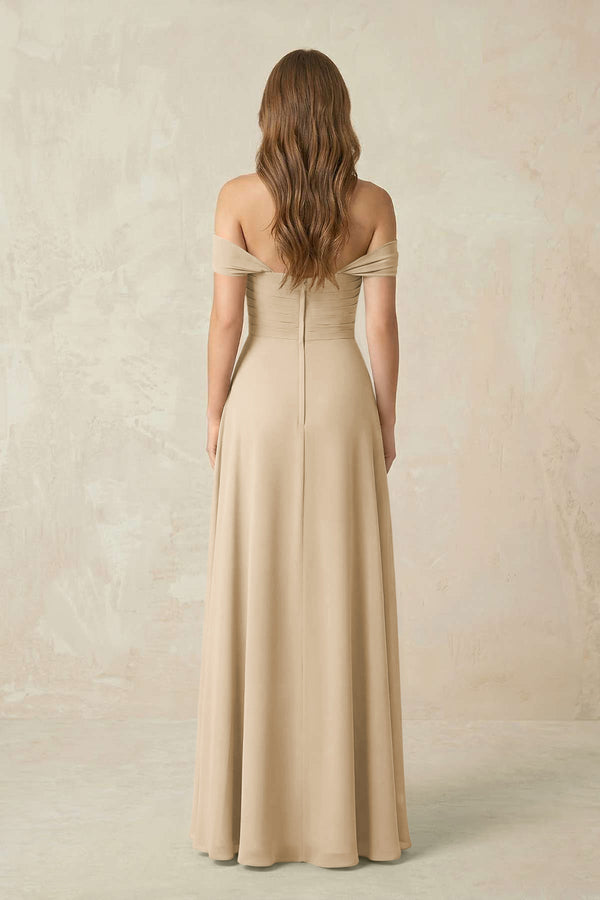 Champagne Off-the-Shoulder A-Line Chiffon Pleated Bridesmaid Dress (2) | KISSBRIDAL