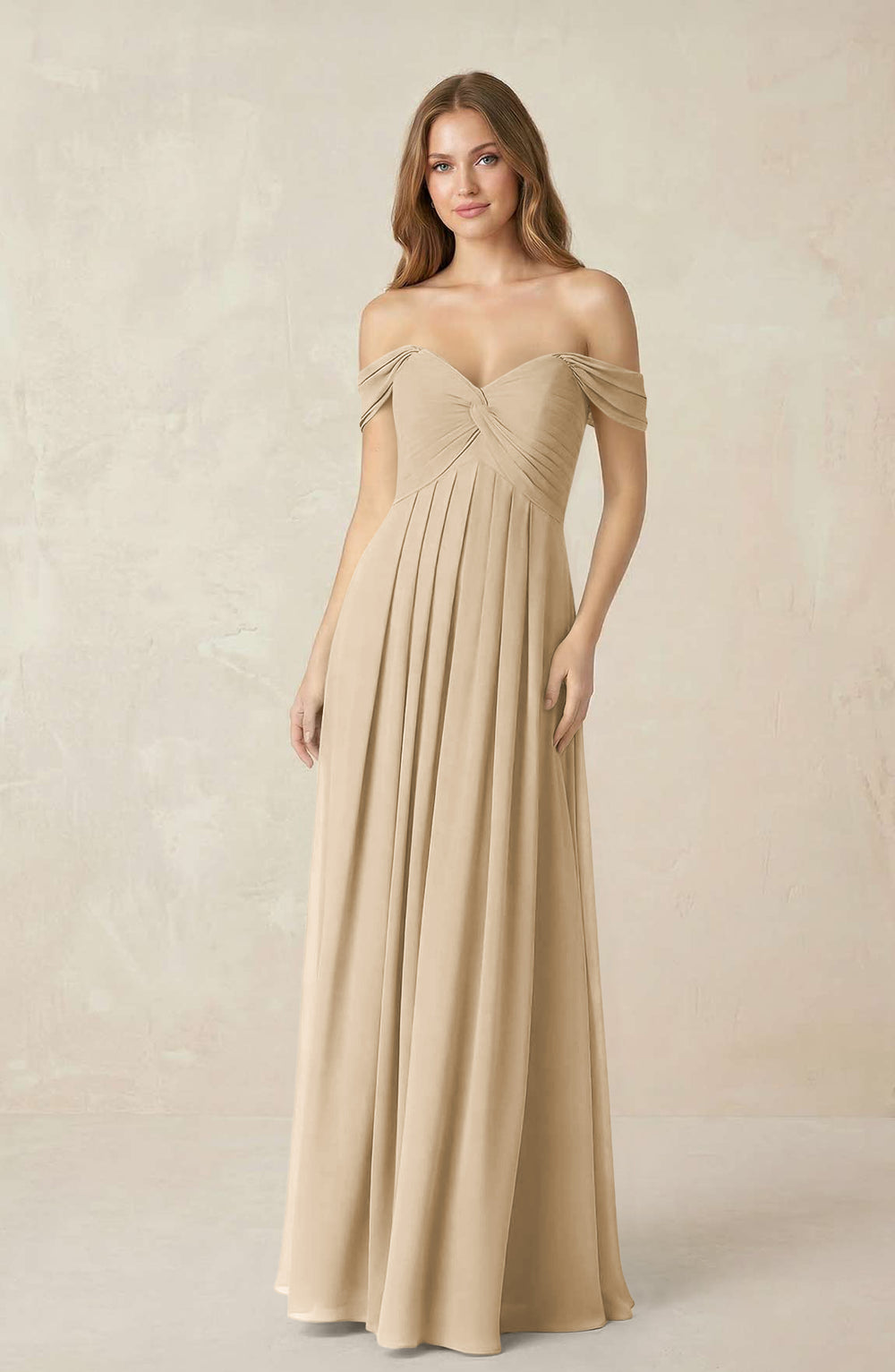 Off-the-Shoulder A-Line Chiffon Pleated Bridesmaid Dress in Champagne