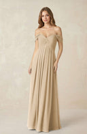 Champagne Off-the-Shoulder A-Line Chiffon Pleated Bridesmaid Dress | KISSBRIDAL