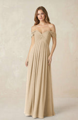 Champagne Off-the-Shoulder A-Line Chiffon Pleated Bridesmaid Dress | KISSBRIDAL