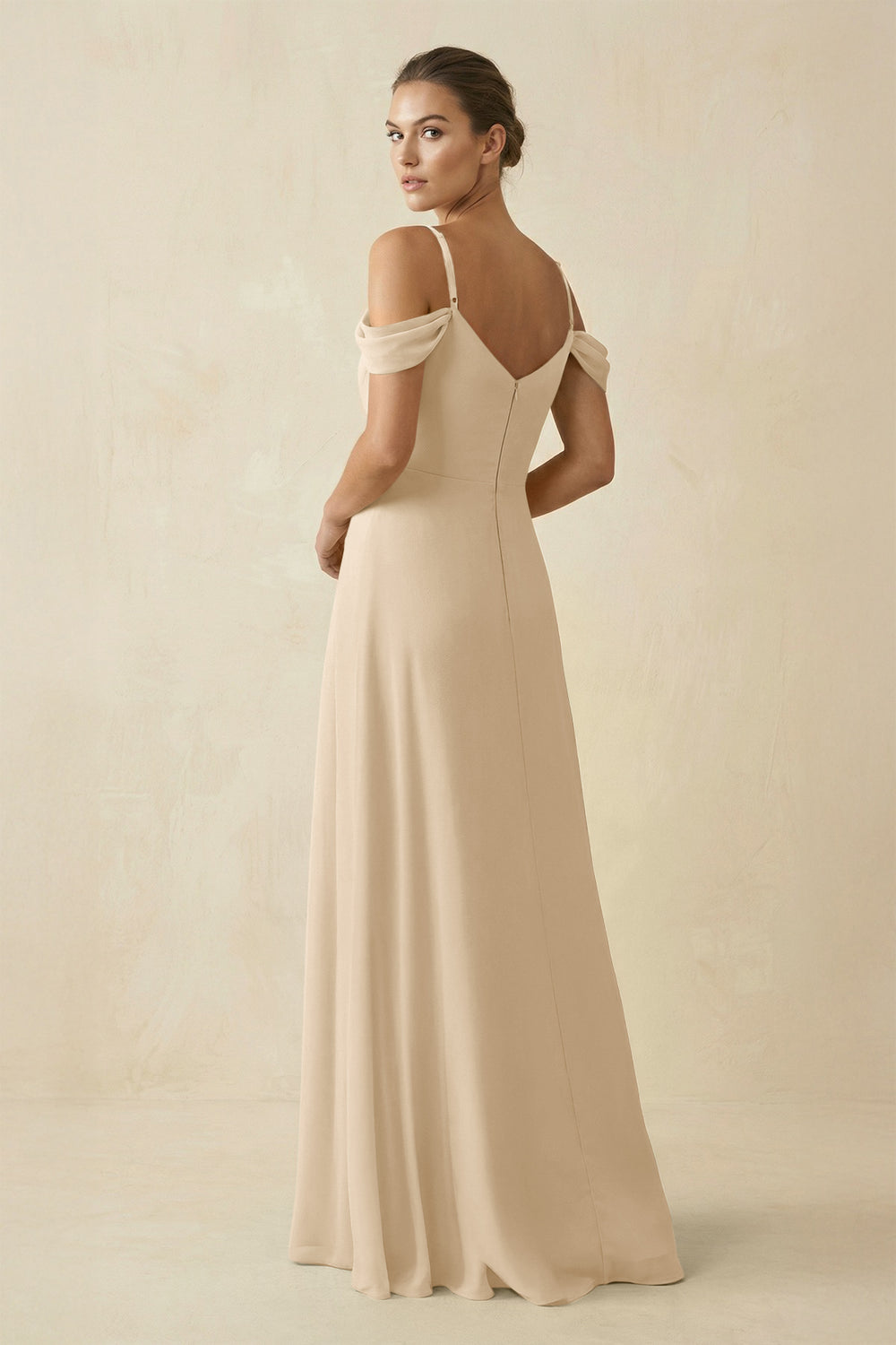 Off-the-Shoulder A-Line Pleated Chiffon Bridesmaid Gown in Champagne