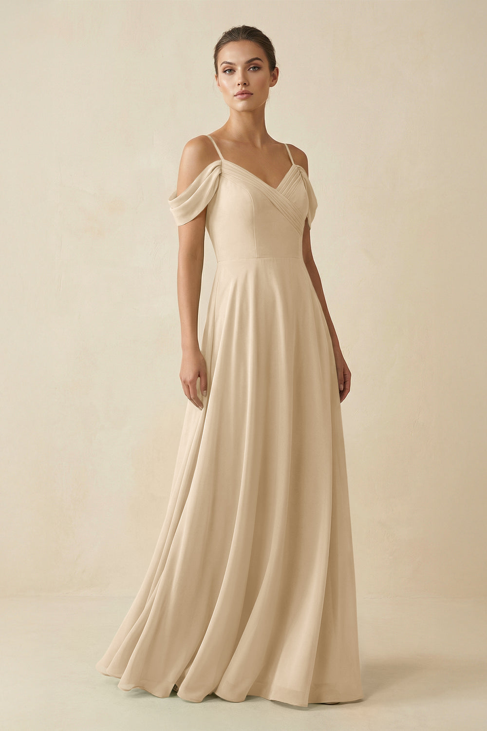 Off-the-Shoulder A-Line Pleated Chiffon Bridesmaid Gown in Champagne