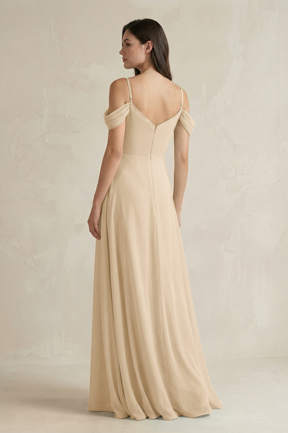 Off-the-Shoulder Chiffon A-Line Bridesmaid Dress in Champagne
