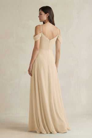 Champagne Off-the-Shoulder Chiffon A-Line Bridesmaid Dress (2) | KISSBRIDAL