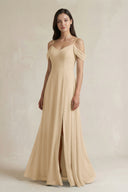 Champagne Off-the-Shoulder Chiffon A-Line Bridesmaid Dress | KISSBRIDAL