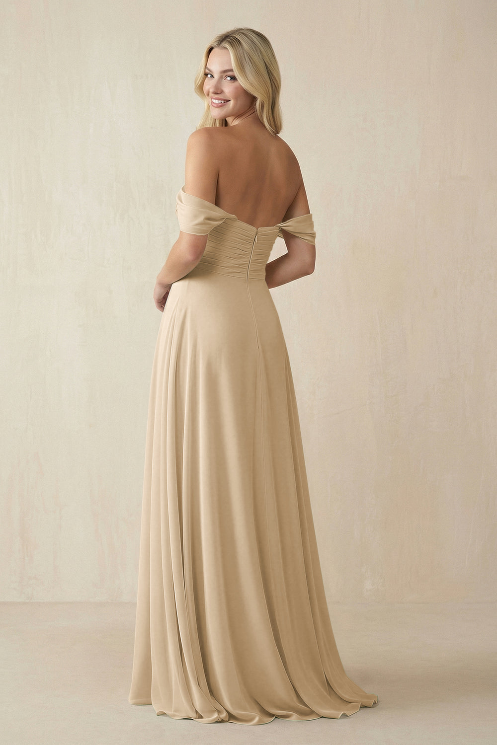 Off-the-Shoulder Chiffon A-Line Long Bridesmaid Dress in Champagne