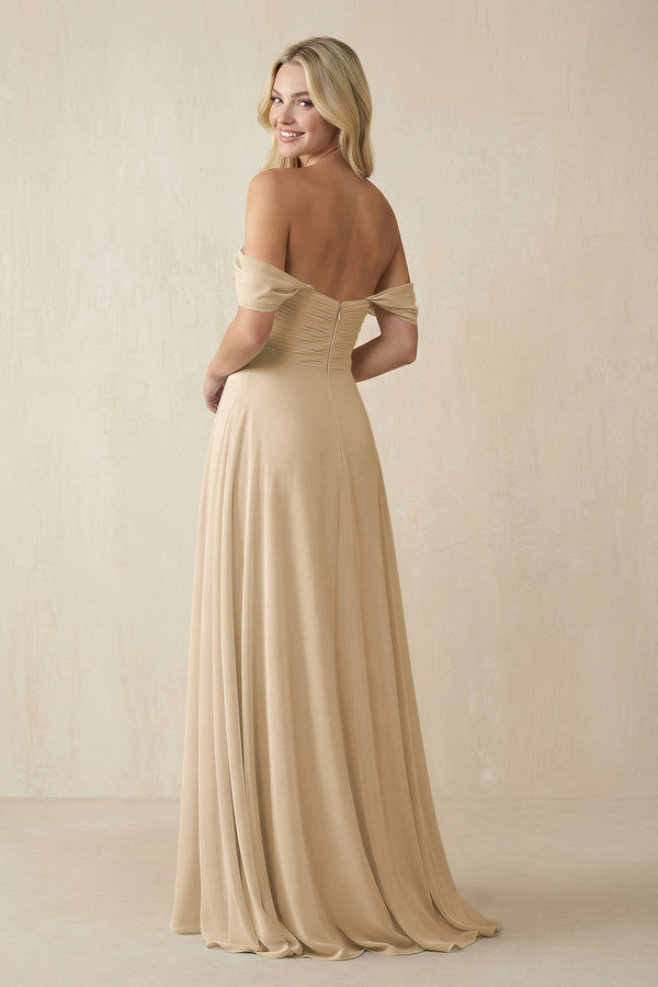 Champagne Off-the-Shoulder Chiffon A-Line Long Bridesmaid Dress (2) | KISSBRIDAL