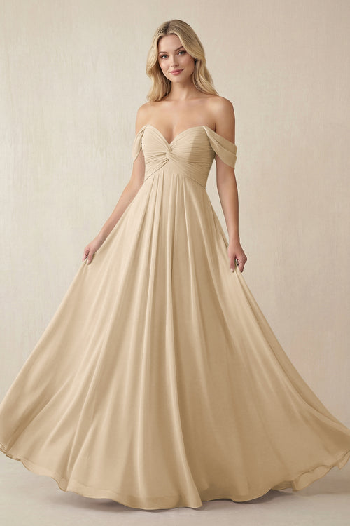 Champagne Off-the-Shoulder Chiffon A-Line Long Bridesmaid Dress | KISSBRIDAL
