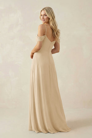 Champagne Off-the-Shoulder Chiffon A-Line Maxi Bridesmaid Dress (2) | KISSBRIDAL
